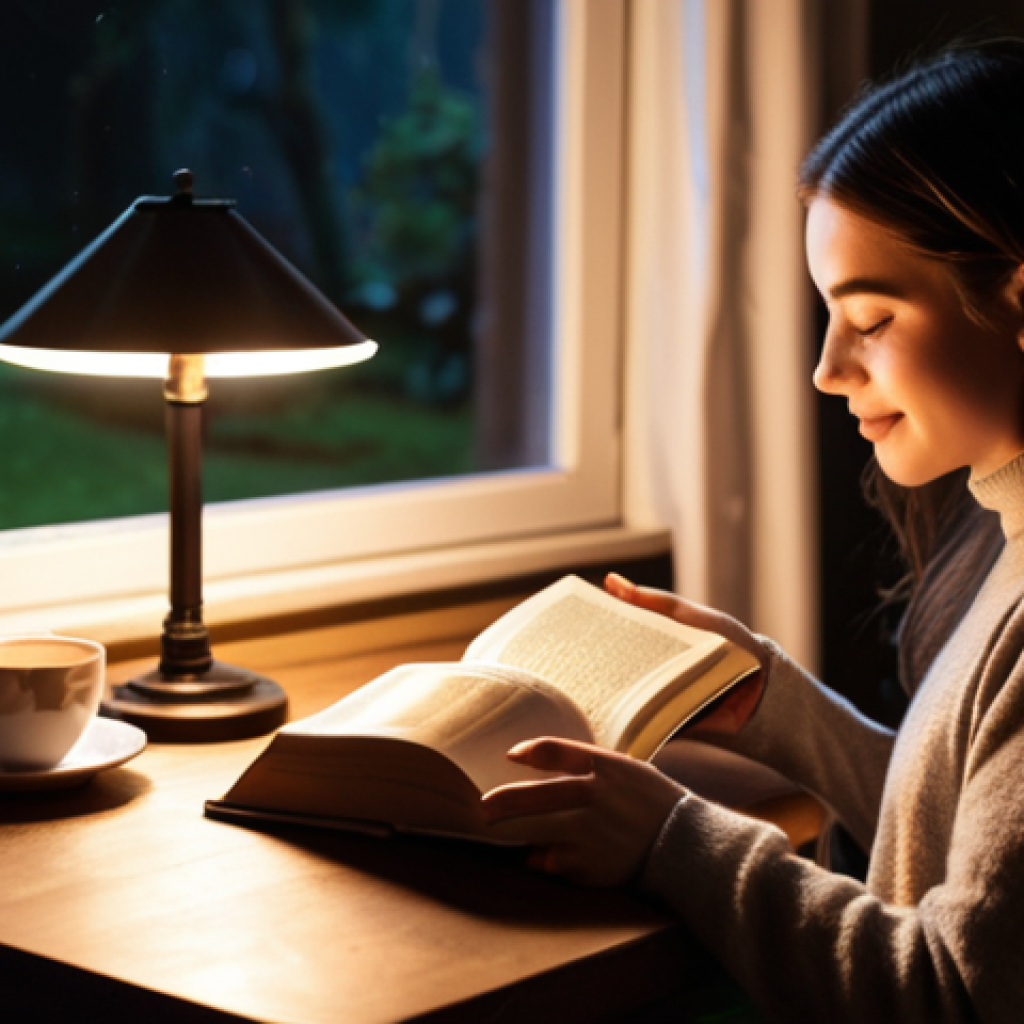 A cozy living room scene at night. A person is reading a physical book by the warm light of a table lamp. A cup of tea sits nearby. In the background, out of focus, is a window showing a dark, peaceful garden. The overall mood is calm and relaxing, emphasizing the joy of disconnecting from technology.