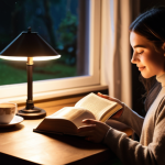 A cozy living room scene at night. A person is reading a physical book by the warm light of a table lamp. A cup of tea sits nearby. In the background, out of focus, is a window showing a dark, peaceful garden. The overall mood is calm and relaxing, emphasizing the joy of disconnecting from technology.