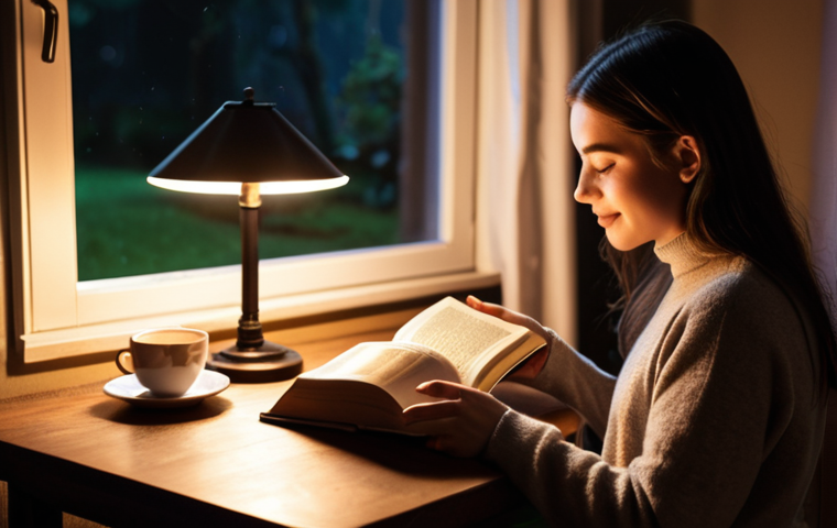 A cozy living room scene at night. A person is reading a physical book by the warm light of a table lamp. A cup of tea sits nearby. In the background, out of focus, is a window showing a dark, peaceful garden. The overall mood is calm and relaxing, emphasizing the joy of disconnecting from technology.