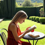 **

Prompt: A person peacefully reading a book outdoors in a sunny Italian garden, phone turned off nearby, emphasizing relaxation and escape from digital devices. Focus on serenity and the beauty of nature, perhaps with a glass of wine on a small table.

**