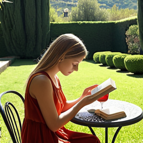 **

Prompt: A person peacefully reading a book outdoors in a sunny Italian garden, phone turned off nearby, emphasizing relaxation and escape from digital devices. Focus on serenity and the beauty of nature, perhaps with a glass of wine on a small table.

**