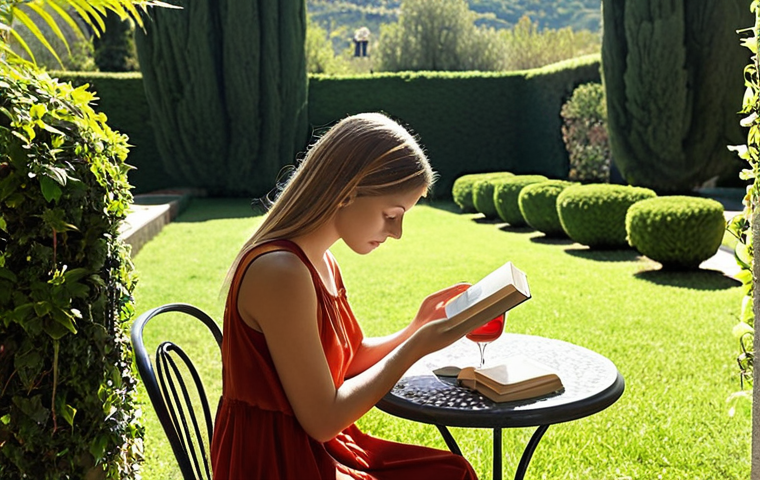 **

Prompt: A person peacefully reading a book outdoors in a sunny Italian garden, phone turned off nearby, emphasizing relaxation and escape from digital devices. Focus on serenity and the beauty of nature, perhaps with a glass of wine on a small table.

**