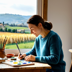Rediscovering Hobbies**

"A woman in her 30s, fully clothed in a comfortable sweater and jeans, sitting at a wooden table, painting with watercolors in a sunlit room. Art supplies scattered around her. Window overlooking a peaceful Italian countryside. Safe for work, appropriate content, family-friendly, perfect anatomy, natural pose, professional photography, high quality."

**
