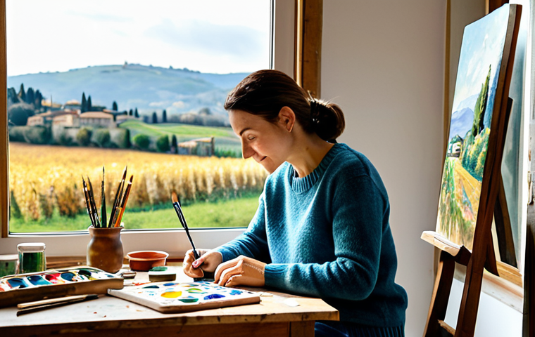 Rediscovering Hobbies**

"A woman in her 30s, fully clothed in a comfortable sweater and jeans, sitting at a wooden table, painting with watercolors in a sunlit room. Art supplies scattered around her. Window overlooking a peaceful Italian countryside. Safe for work, appropriate content, family-friendly, perfect anatomy, natural pose, professional photography, high quality."

**